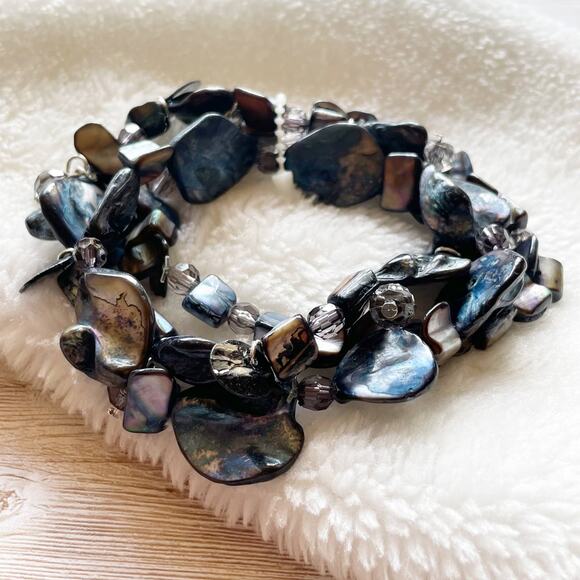 Style & Co Three Row Abalone Shell Stretch Bracelets Blue Silver New - Picture 1 of 11